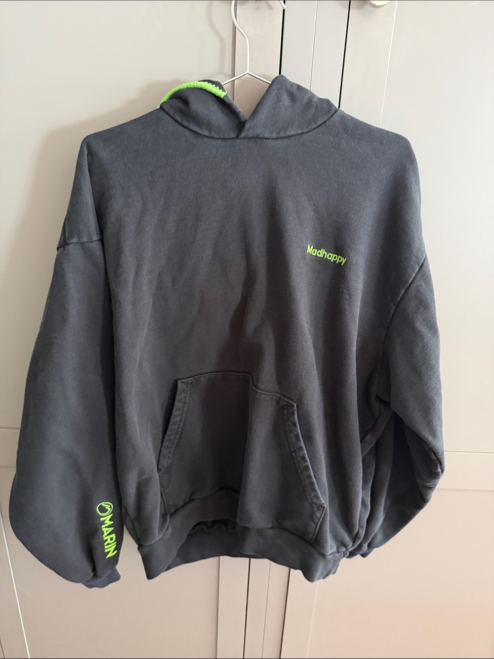 Madhappy Men's Charcoal Crewneck Hoodie with Neon Green Accents